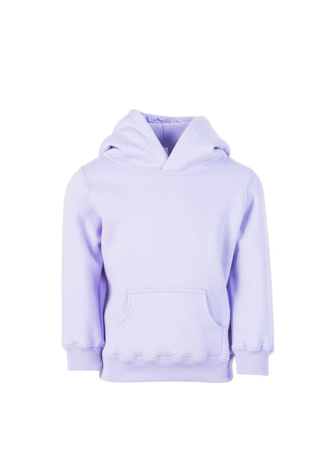 A lilac baby fleece hoodie with a front pocket and a hood. It features a logo on the front.