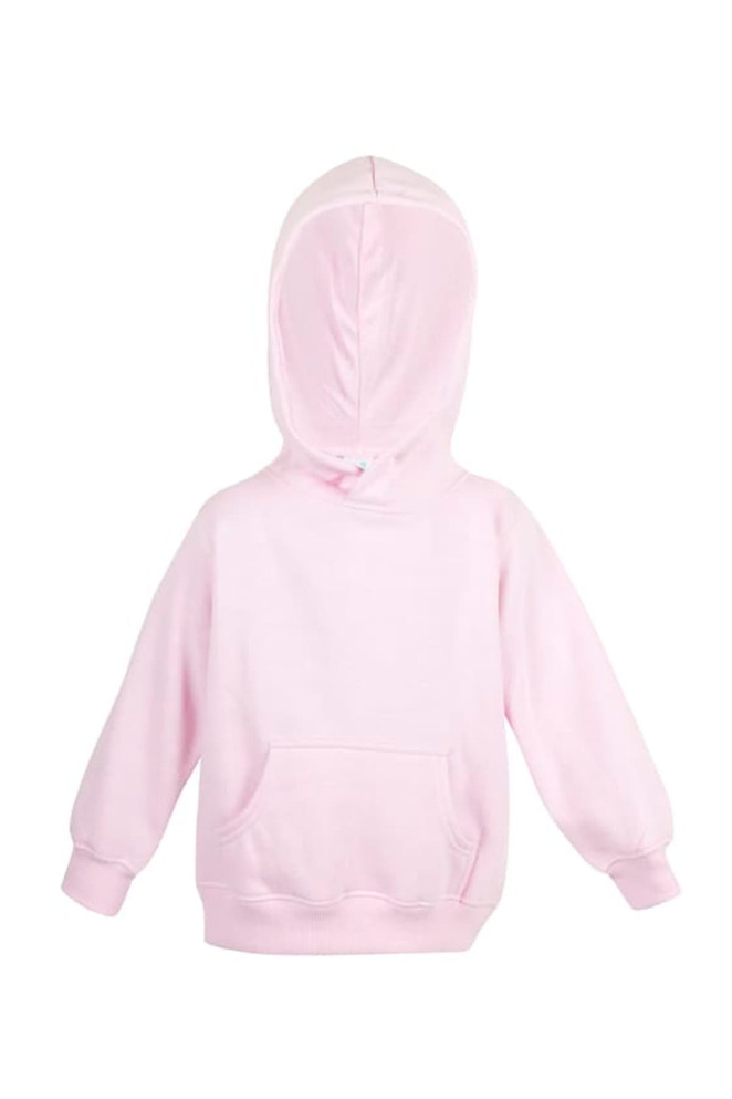 A pink baby fleece hoodie with a front pocket and long sleeves. The hoodie features a logo on the front.