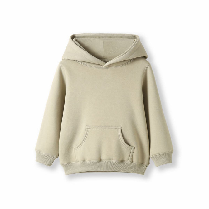 A baby fleece hoodie in a soft green colour featuring a front pocket and a hood. The design is simple and unbranded.
