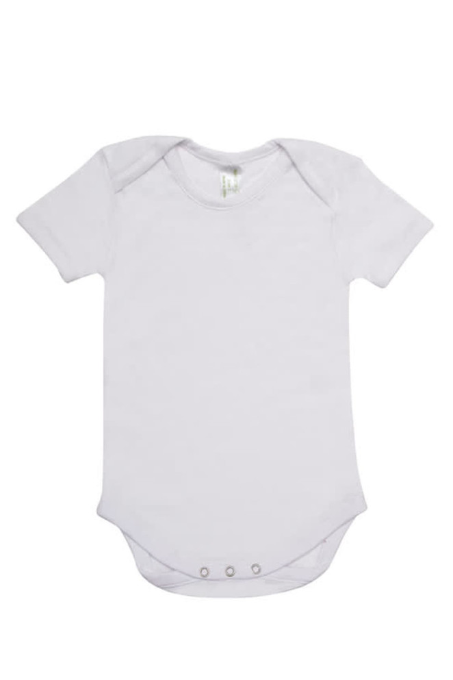A white baby short sleeve romper with snap closures at the bottom and a smooth, soft fabric.