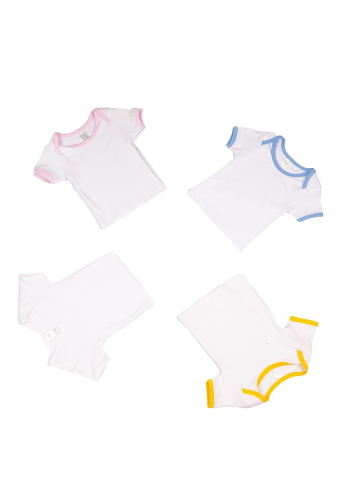 A set of baby short sleeve tees in white, with pink, blue, and yellow trims, featuring a logo on one shirt.