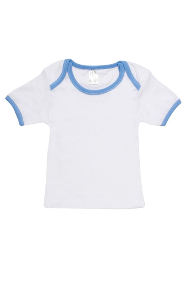 A white baby short sleeve tee with light blue trim and a small logo on the collar.
