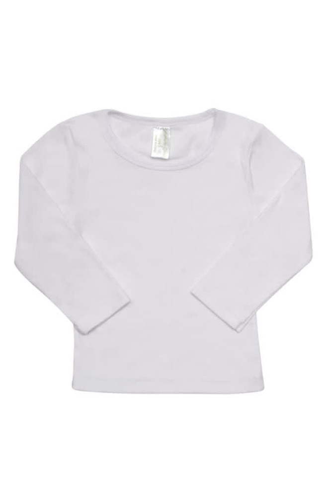 A white long-sleeve T-shirt for babies, featuring a round neckline and a label.
