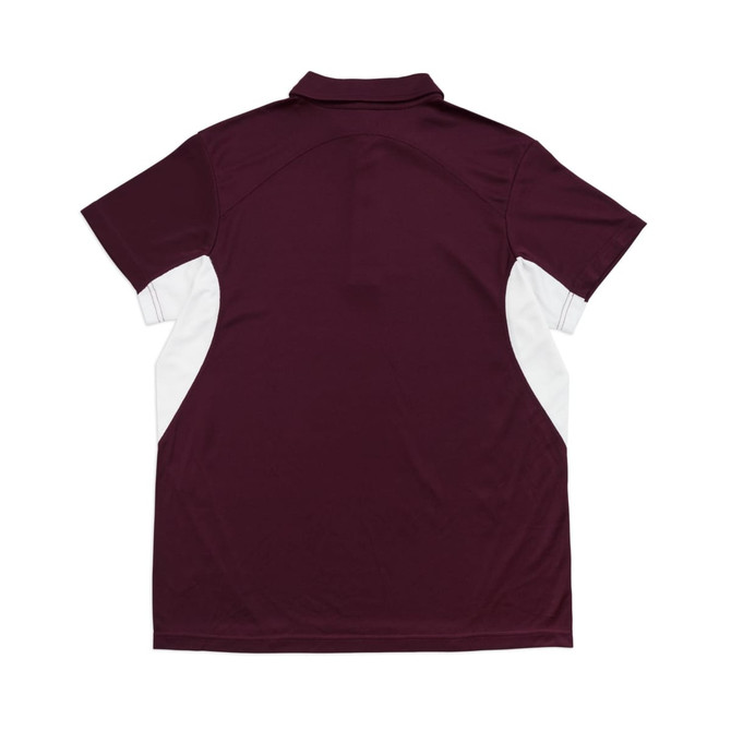 A maroon polyester polo shirt featuring white side panels and a collar, with a logo on the chest. A maroon polyester polo shirt featuring white side panels and a collar, with a logo on the chest.