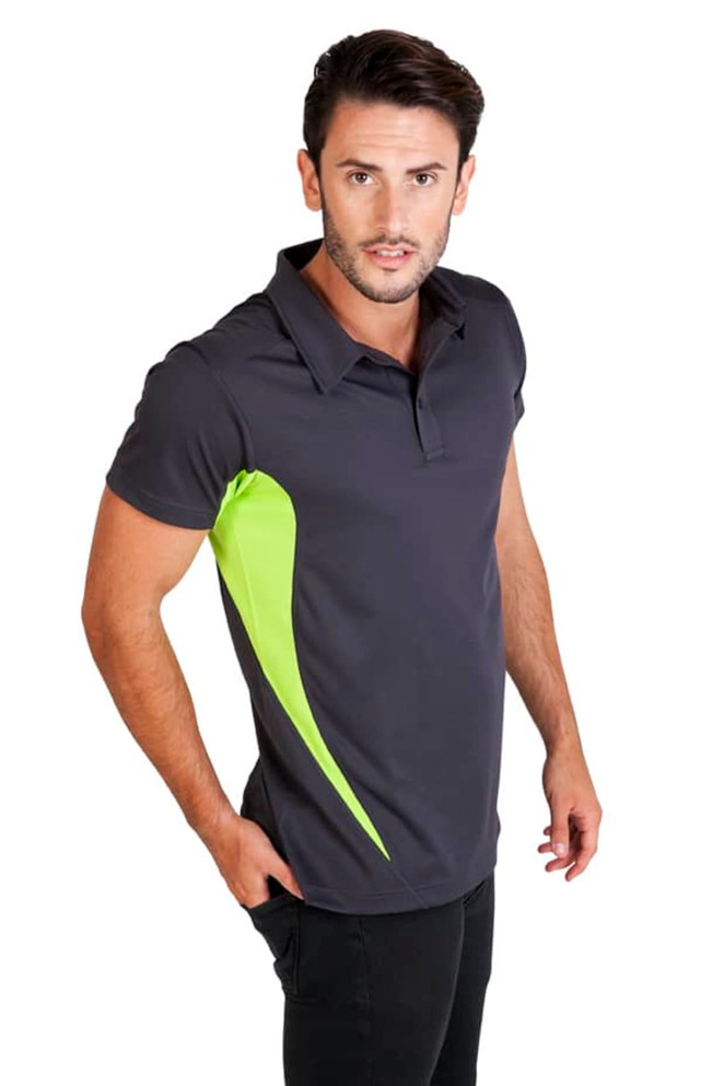 Men's polyester polo shirt in dark grey with a bright green side design. It features a logo on the chest.