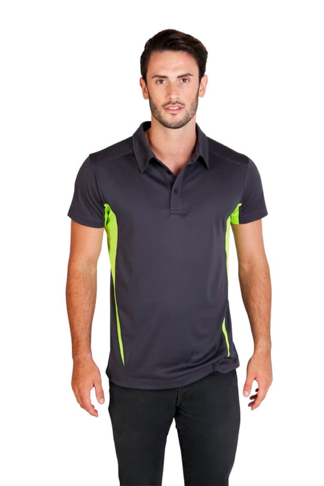 A men's polyester polo shirt in dark grey with vibrant green highlights, featuring a collar and short sleeves. A men's polyester polo shirt in dark grey with vibrant green highlights, featuring a collar and short sleeves.