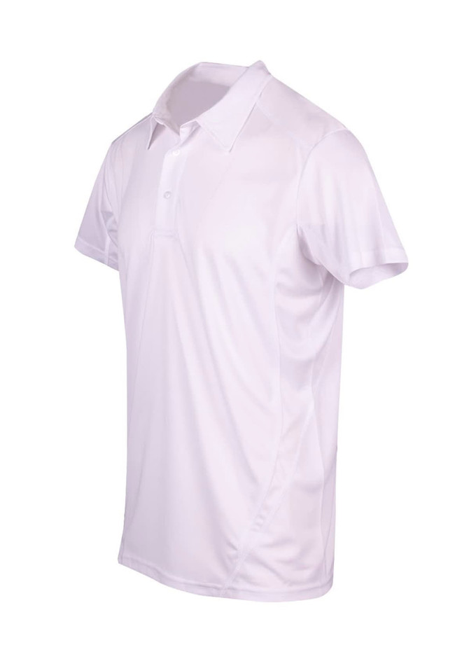 A white polyester polo shirt featuring a collar and short sleeves, with a logo on the chest.