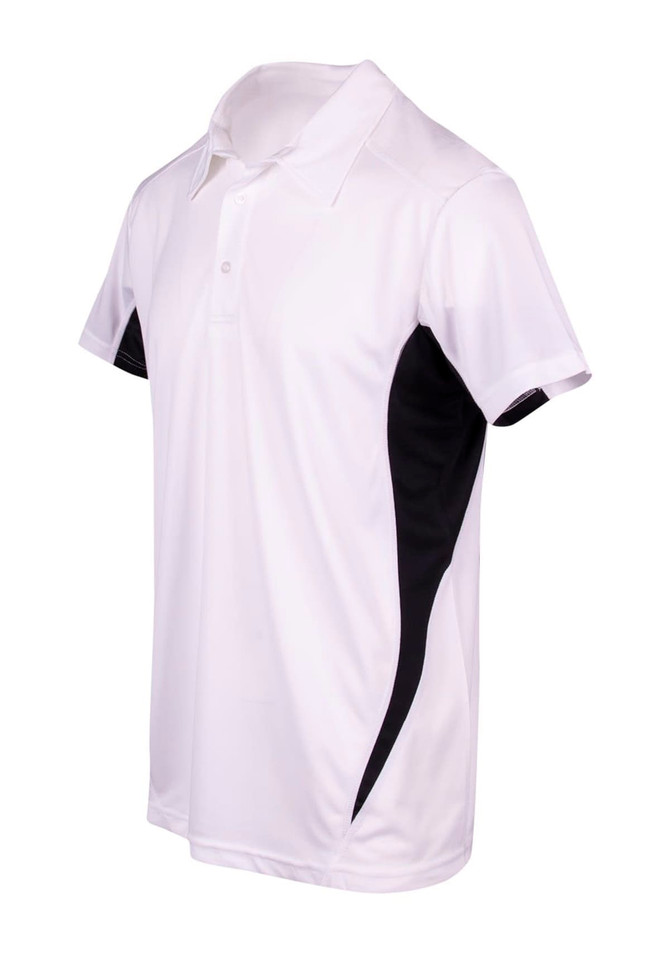 A white polyester polo shirt with black side panels and a collar. It features a logo on the chest.
