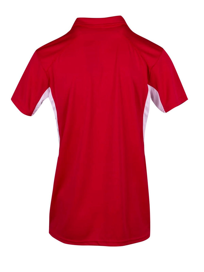 A red polyester polo shirt with white side panels and a collar, featuring a logo on the back. A red polyester polo shirt with white side panels and a collar, featuring a logo on the back.