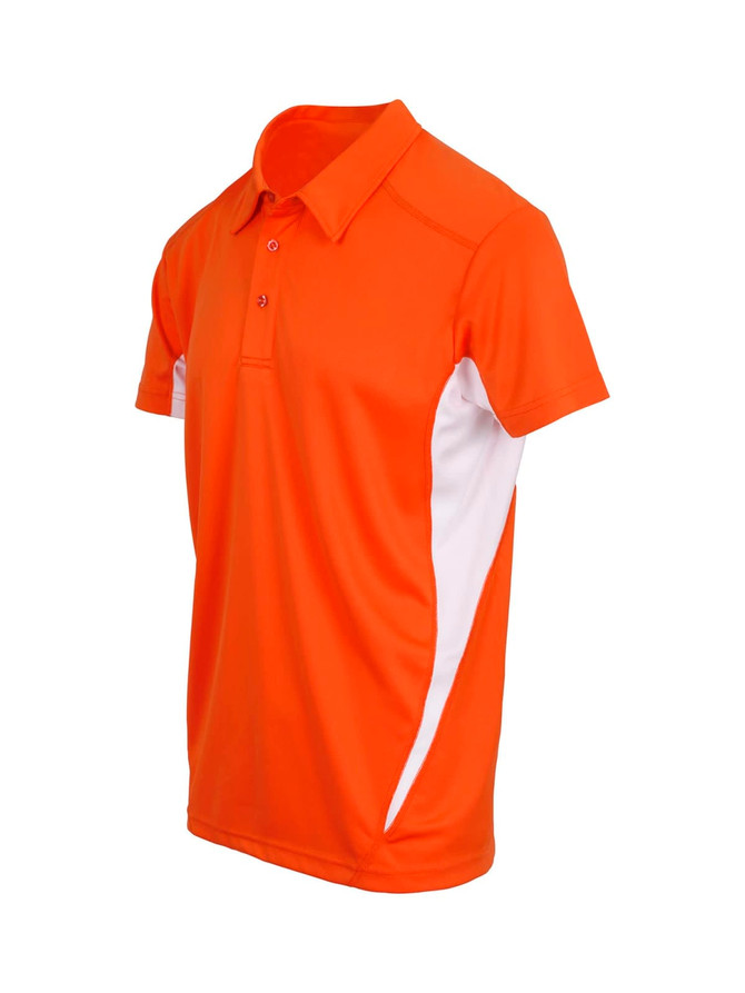 An orange polyester polo shirt with white side panels and a collar, featuring a logo. An orange polyester polo shirt with white side panels and a collar, featuring a logo.