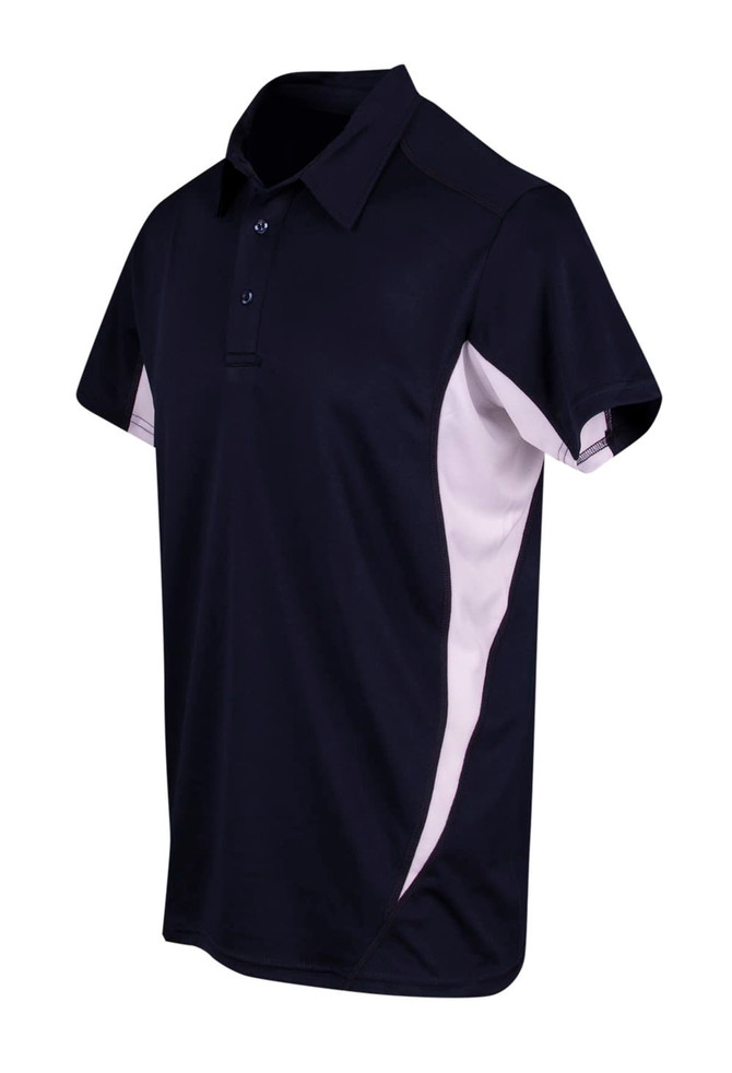 A navy blue polo shirt with white side panels and a collar. It features a logo on the chest. A navy blue polo shirt with white side panels and a collar. It features a logo on the chest.
