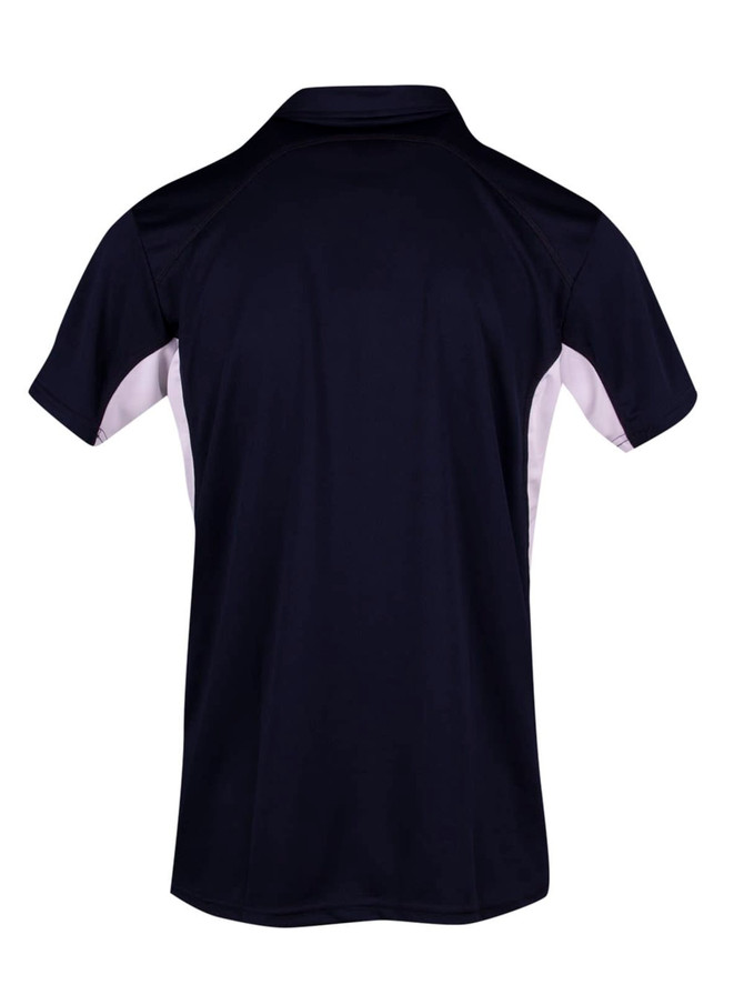 A polyester polo shirt in navy blue with white accents and a logo on the back. A polyester polo shirt in navy blue with white accents and a logo on the back.