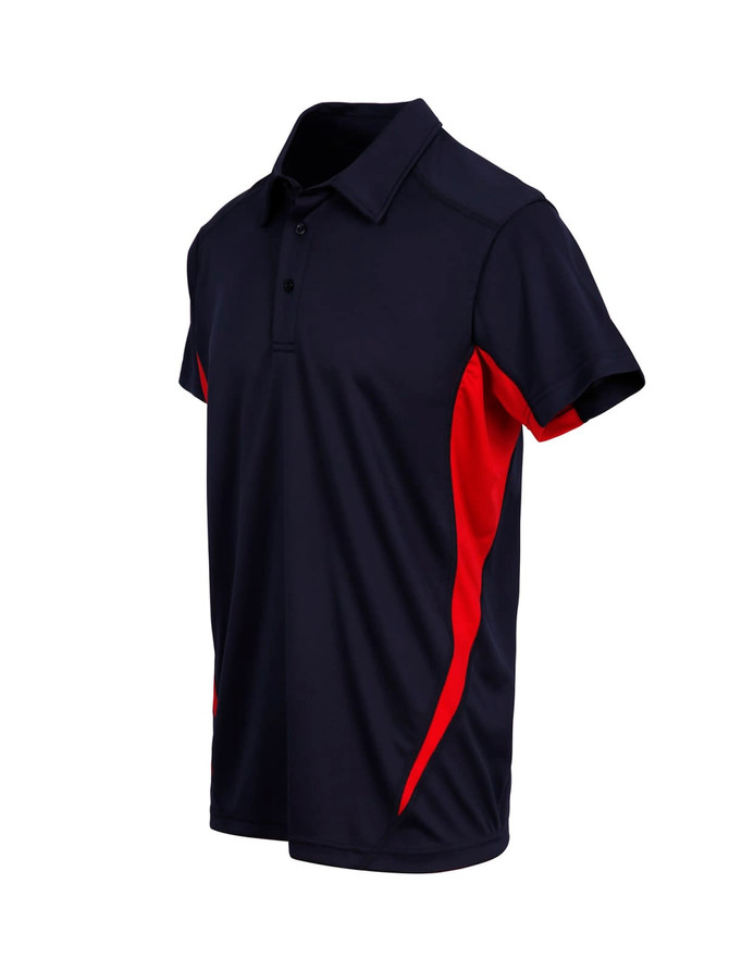 A navy blue and red men's polo shirt featuring a collar and short sleeves, with a logo on the front. A navy blue and red men's polo shirt featuring a collar and short sleeves, with a logo on the front.