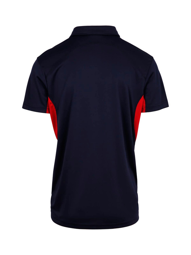 A navy blue polyester polo shirt with red side panels and a collar. It features a small logo. A navy blue polyester polo shirt with red side panels and a collar. It features a small logo.