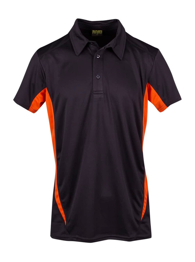 Men's polyester polo shirt in black with orange side panels and a collar. Features a logo on the chest.