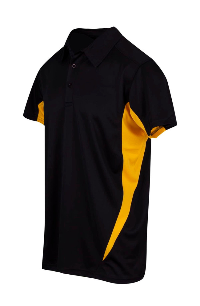 A black and yellow polyester polo shirt with a collared neckline and short sleeves. It features a logo on the chest. A black and yellow polyester polo shirt with a collared neckline and short sleeves. It features a logo on the chest.