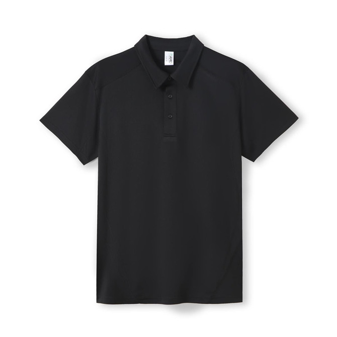 A black men's polo shirt made from polyester, featuring a collar and a logo.