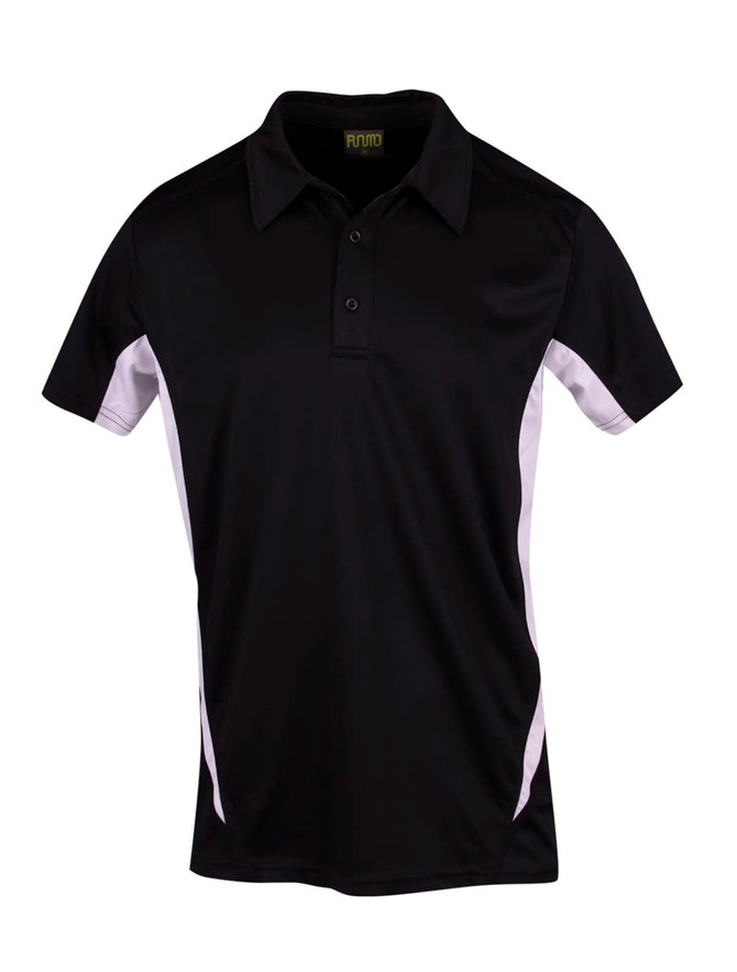 A black and white polyester polo shirt featuring a collar and a logo on the chest. A black and white polyester polo shirt featuring a collar and a logo on the chest.