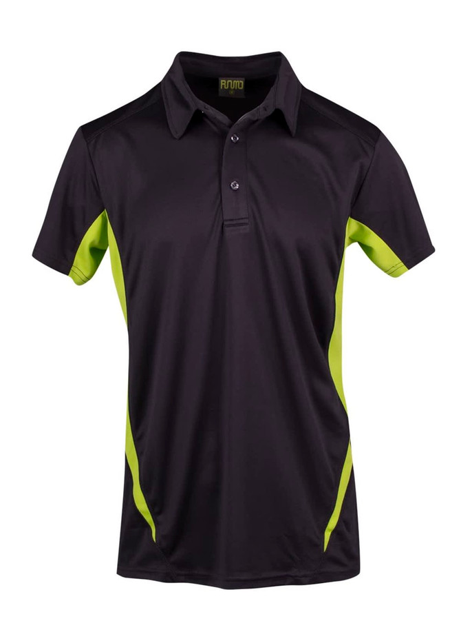 A black polyester polo shirt with green accents and a logo on the chest. A black polyester polo shirt with green accents and a logo on the chest.