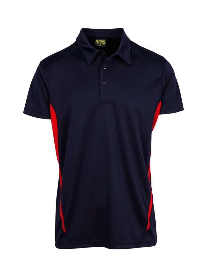 A navy blue polo shirt with red side panels, featuring a collar and buttons, and has a logo. A navy blue polo shirt with red side panels, featuring a collar and buttons, and has a logo.