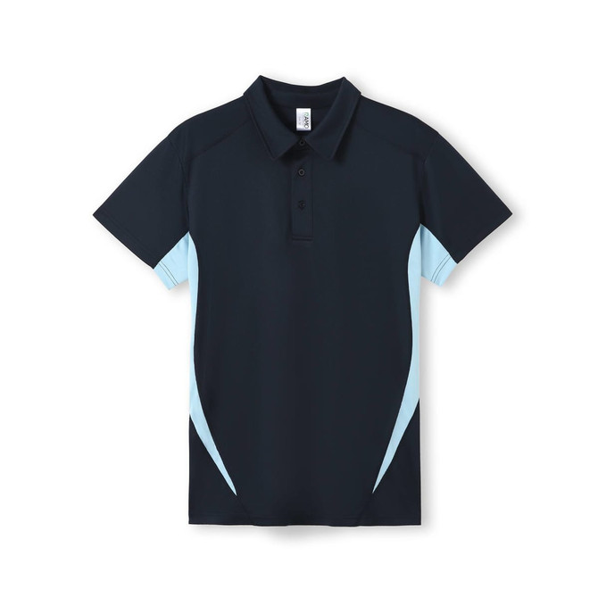 A navy blue polo shirt with light blue accents and a logo. Features a collared neckline and short sleeves.