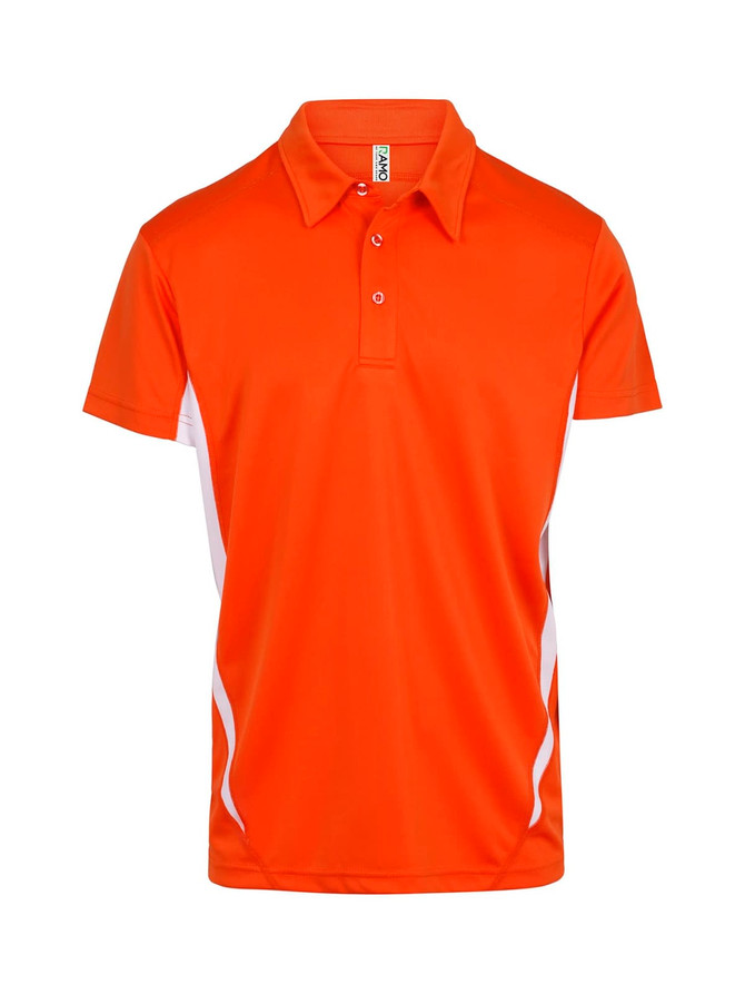 An orange polyester polo shirt featuring white side panels and a collar, with a logo on the chest. An orange polyester polo shirt featuring white side panels and a collar, with a logo on the chest.
