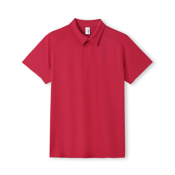 A red polyester polo shirt with a classic collar and short sleeves, featuring a logo.