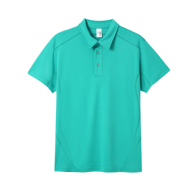 A turquoise polo shirt with a collar, three buttons, and a logo on the chest.