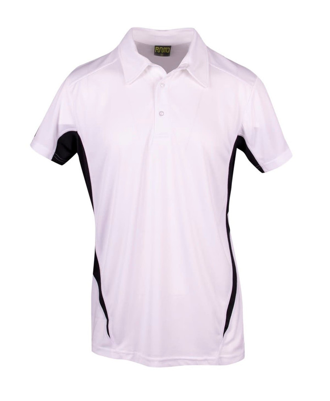 A white men's polo shirt with black side accents and a collar. It features a logo on one sleeve.