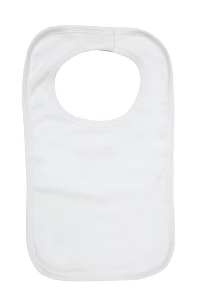 A plain white organic kids bib featuring a large neck opening and stitched edges. It has a logo on the side.