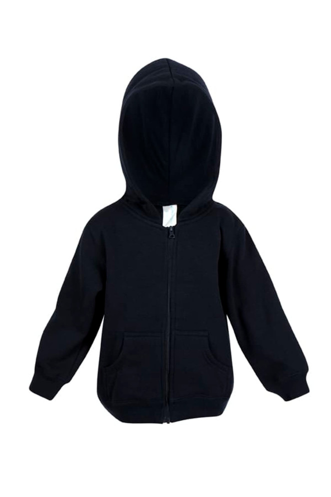 A black fleece baby zip hoodie with a hood, front pockets, and a zip closure. Features a logo on the tag.