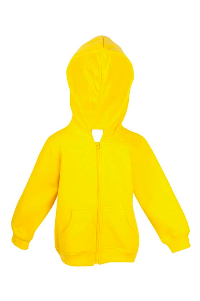 A yellow fleece baby zip hoodie featuring a hood and front pockets. The hoodie has a logo on it.