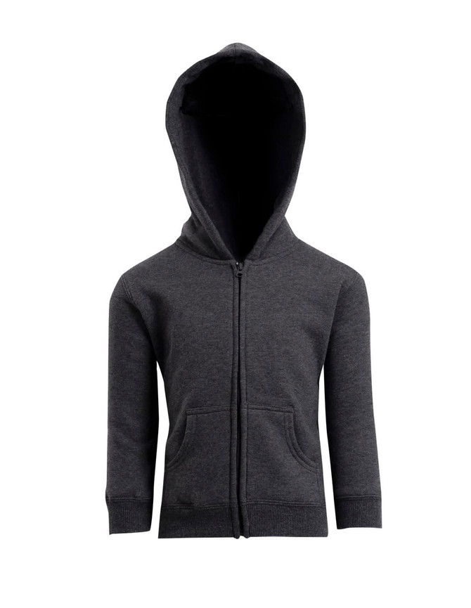 A fleece baby zip hoodie in dark grey, featuring a hood and front pockets. It has a branding logo.