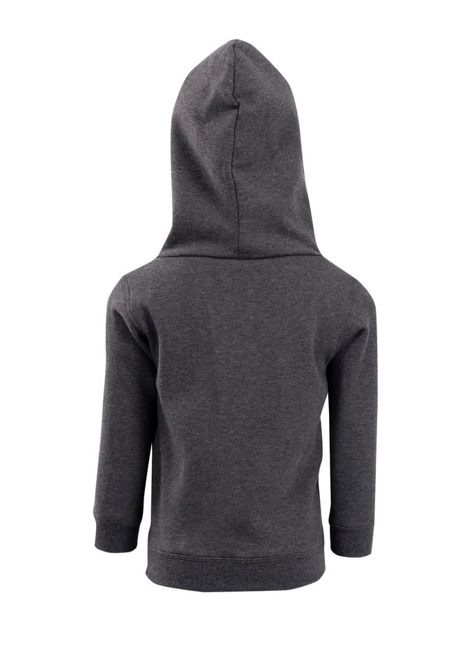 A grey fleece baby zip hoodie with a hood, featuring long sleeves and a fitted waist. It has a logo on the back.