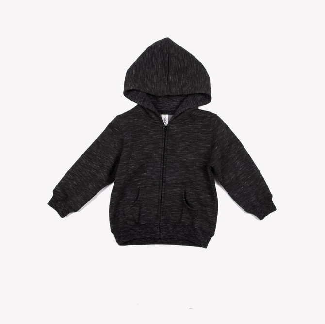 A dark grey fleece baby zip hoodie with a hood and front pockets, featuring a logo.