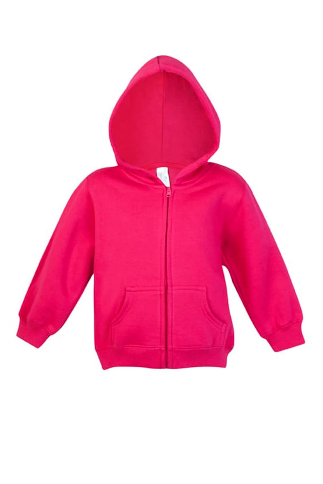 A pink fleece baby zip hoodie featuring long sleeves and a front pocket. It has a hood and a branding logo.