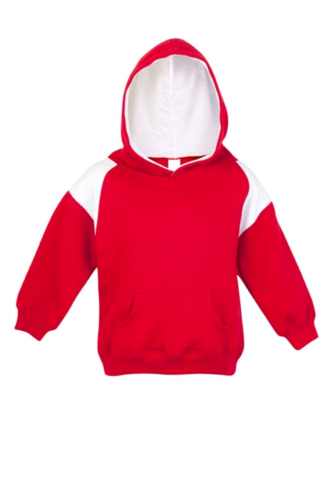 A red hoodie with white contrast panels and a front pocket, featuring a hood and long sleeves.