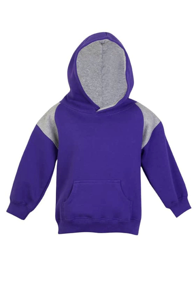 A purple hoodie featuring grey contrast panels on the shoulders, with a front pocket and a drawstring hood.