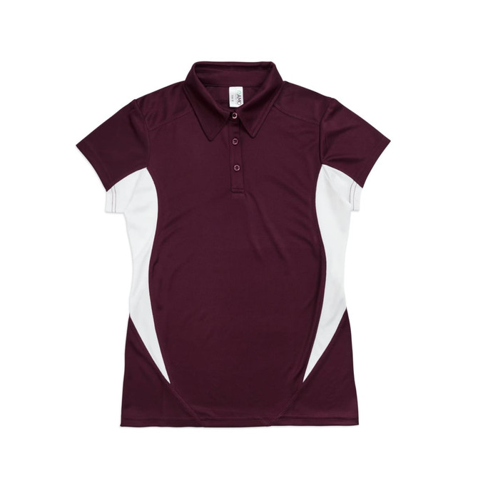 A maroon women's polo shirt with white side panels and a branded logo on the fabric. A maroon women's polo shirt with white side panels and a branded logo on the fabric.