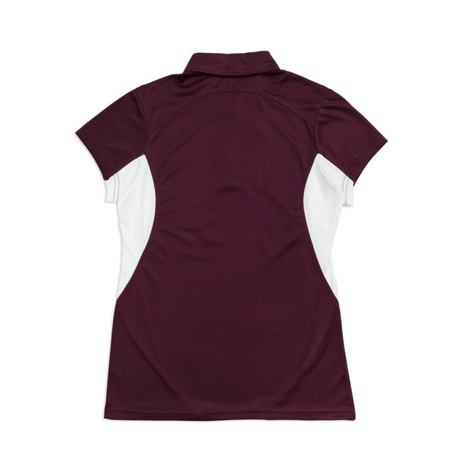 A women's polyester polo shirt in maroon with white side panels and a collar, featuring a logo. A women's polyester polo shirt in maroon with white side panels and a collar, featuring a logo.