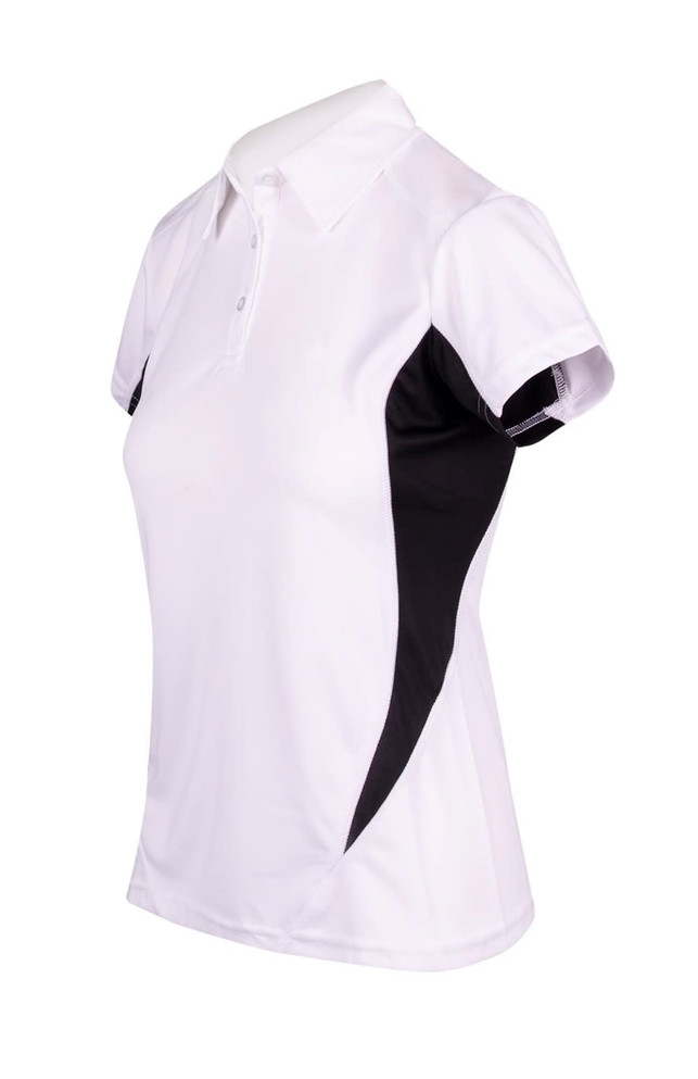 A white women's polo shirt with black side panels and a collar. It features a logo on the sleeve. A white women's polo shirt with black side panels and a collar. It features a logo on the sleeve.