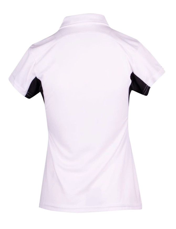 A women's polo shirt featuring a white front and black sleeves, with a collar and a logo on the back.
