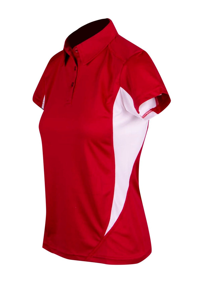 A red and white women's polyester polo shirt with a collar and short sleeves, featuring a logo.
