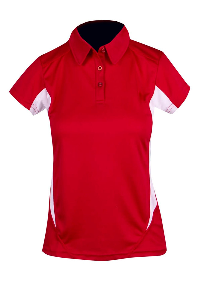 A women's polo shirt in red with white accents and a branded logo on the chest. Short sleeves and a collared design.