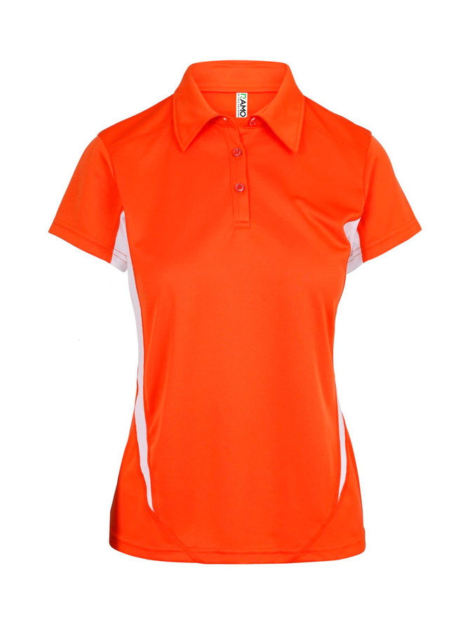 An orange women's polyester polo shirt featuring white side accents and a collar. It has a logo on the chest. An orange women's polyester polo shirt featuring white side accents and a collar. It has a logo on the chest.