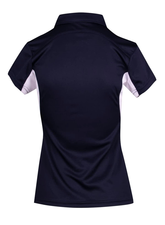 A women's polyester polo shirt in navy with contrasting white panels, featuring a collar and short sleeves.