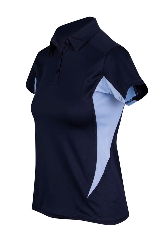 A navy and light blue women's polyester polo shirt featuring a collar and short sleeves, with a logo on it. A navy and light blue women's polyester polo shirt featuring a collar and short sleeves, with a logo on it.