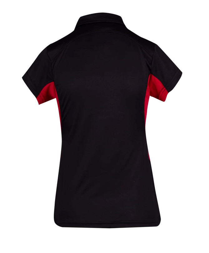 A women's polyester polo shirt in black with red accents, featuring a stylish design and a logo. A women's polyester polo shirt in black with red accents, featuring a stylish design and a logo.