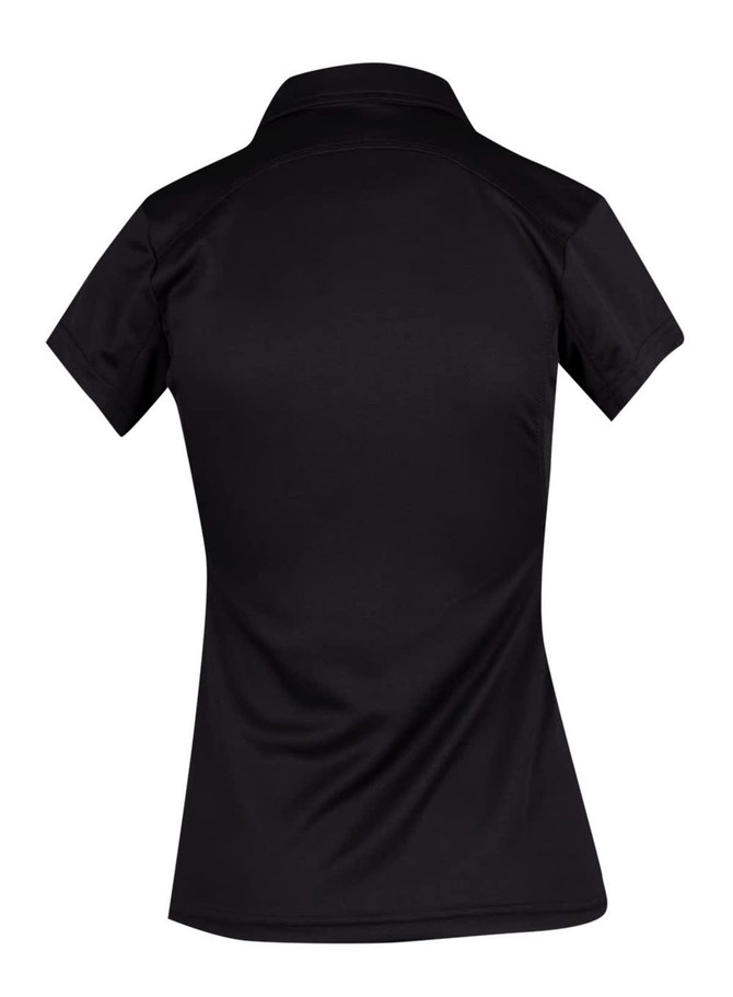 A black women's polo shirt featuring a collared neckline and short sleeves, with a logo on the back.