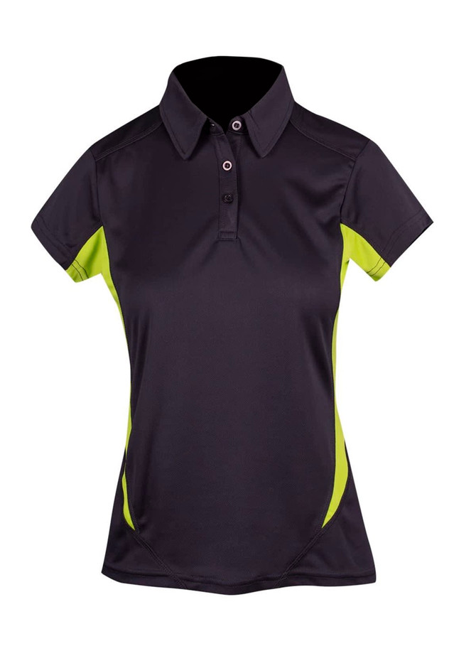 A women's polyester polo shirt in black with lime green accents and a buttoned collar. It features a logo. A women's polyester polo shirt in black with lime green accents and a buttoned collar. It features a logo.